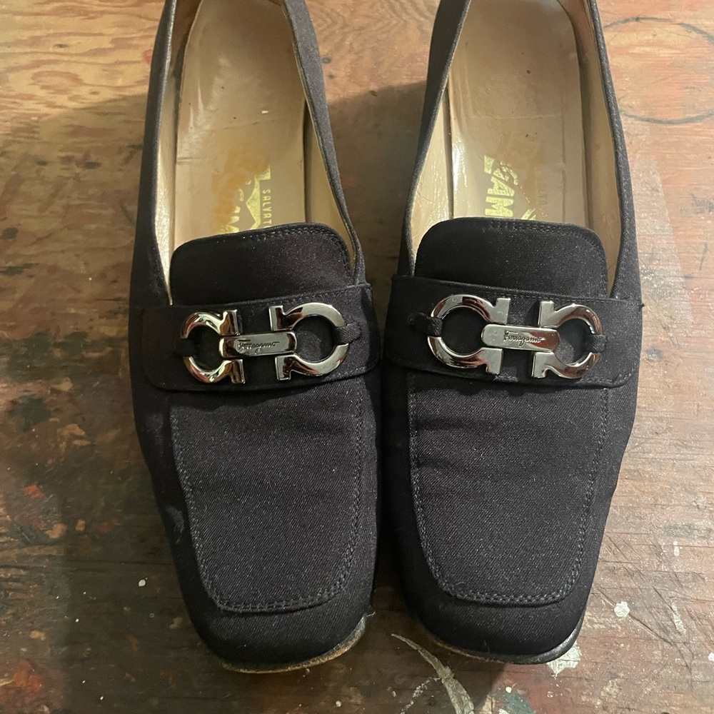 Salvatore Ferragamo Black Loafers with Silver Accent